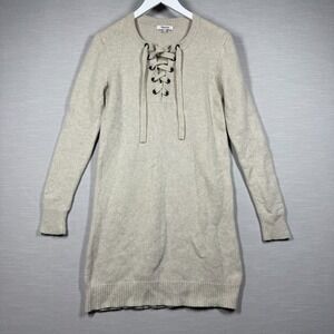 Madewell Dress Womens Medium Beige Sweater Midi Merino Wool Cozy Warm Lace Up